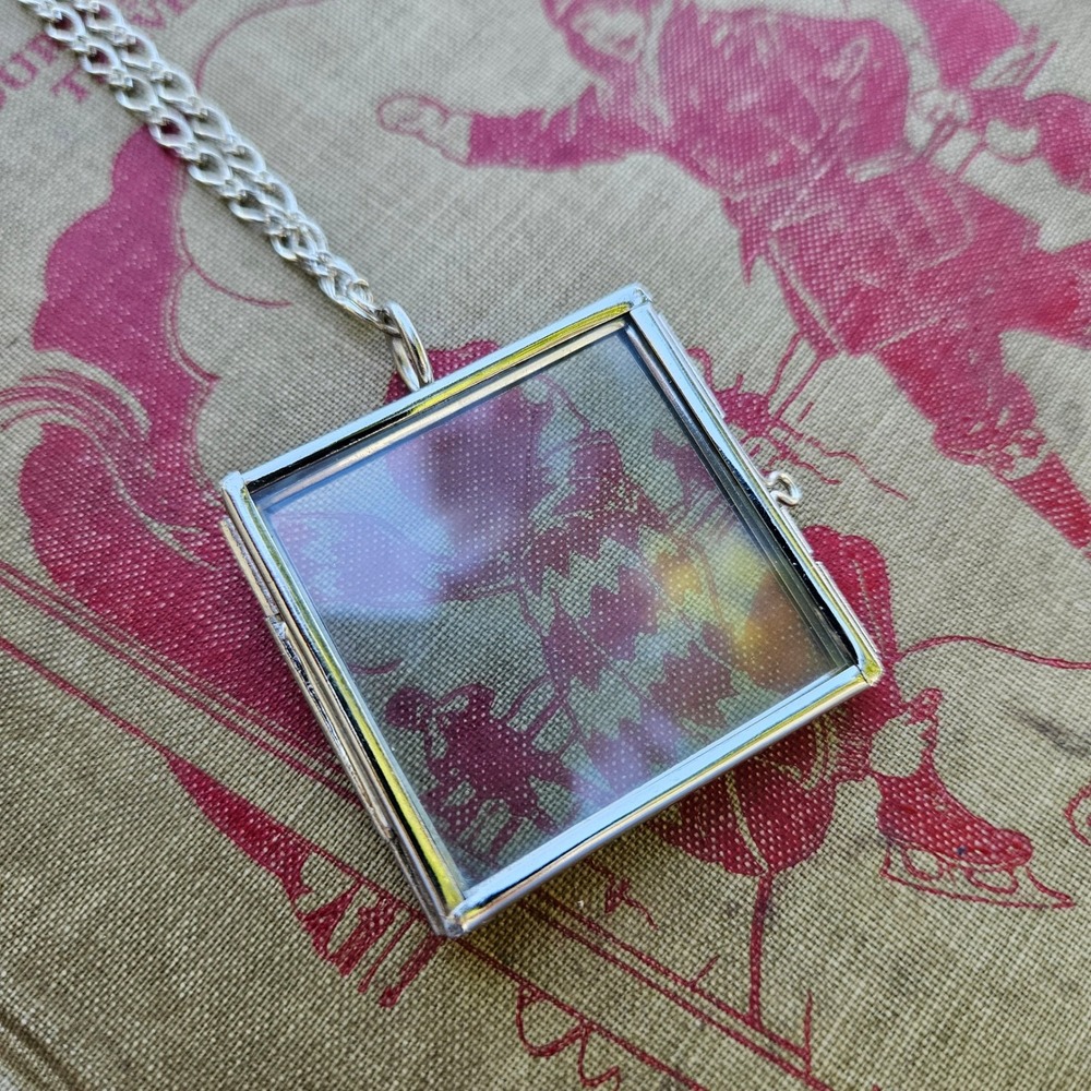 Silver Tone Square Glass Pressed Flower Locket Pendant Necklace Double Sided